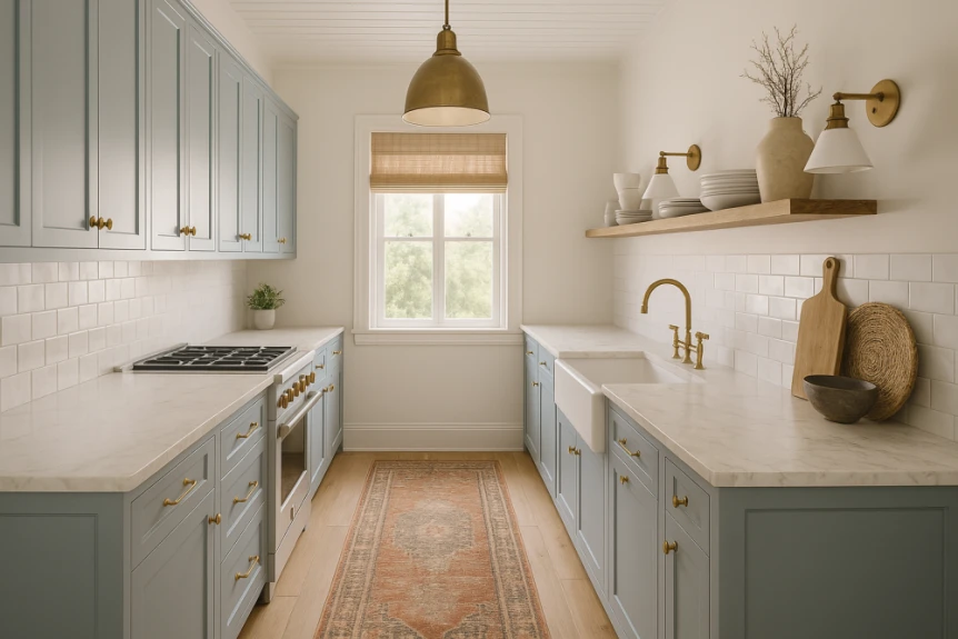 Modern galley kitchen with sage green cabinets, white countertops, and natural light from window