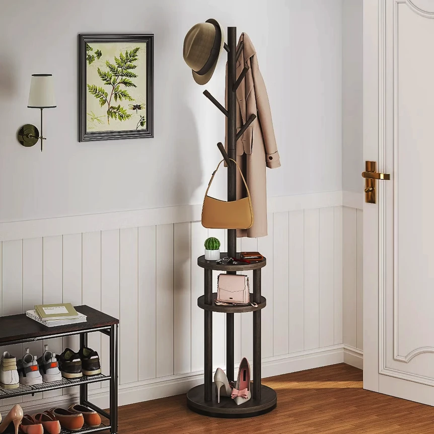 Rustic industrial hall tree coat rack with shoe storage shelf and hooks in modern farmhouse entryway