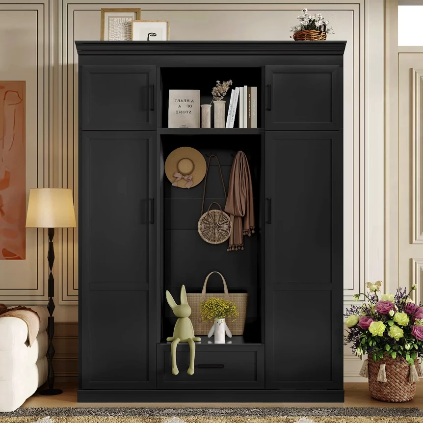 Black hall tree cabinet with open shelving displaying books, baskets, and decor in elegant entryway setting