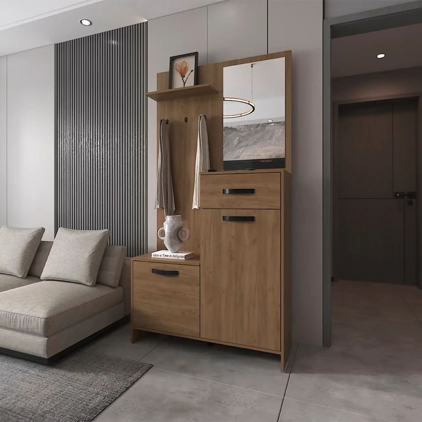 Modern wooden hall tree with storage cabinet, drawers, and coat hooks in contemporary entryway