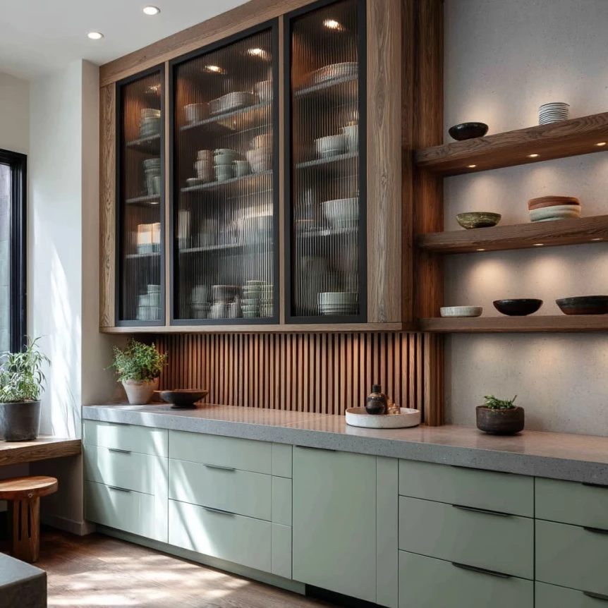 Glass and Wood Hybrid Uppers Over a Textured Concrete Wall in a Warm Contemporary Kitchen Design