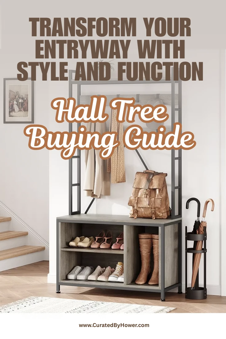Hall tree entryway organizer with storage shelves, coat hooks, and umbrella stand in modern home entrance