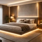 Interior of a modern bedroom with a floating bed warm LED lighting