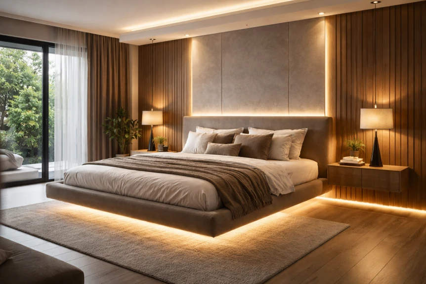 Interior of a modern bedroom with a floating bed warm LED lighting