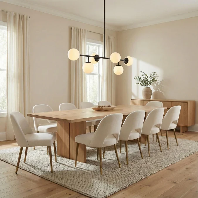 Modern dining room with wooden table, beige upholstered chairs, globe pendant light, and neutral color palette