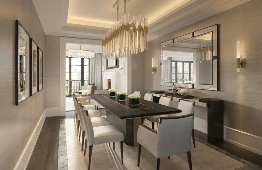 Elegant formal dining room with chandelier, upholstered chairs, dark wood table, and neutral color palette