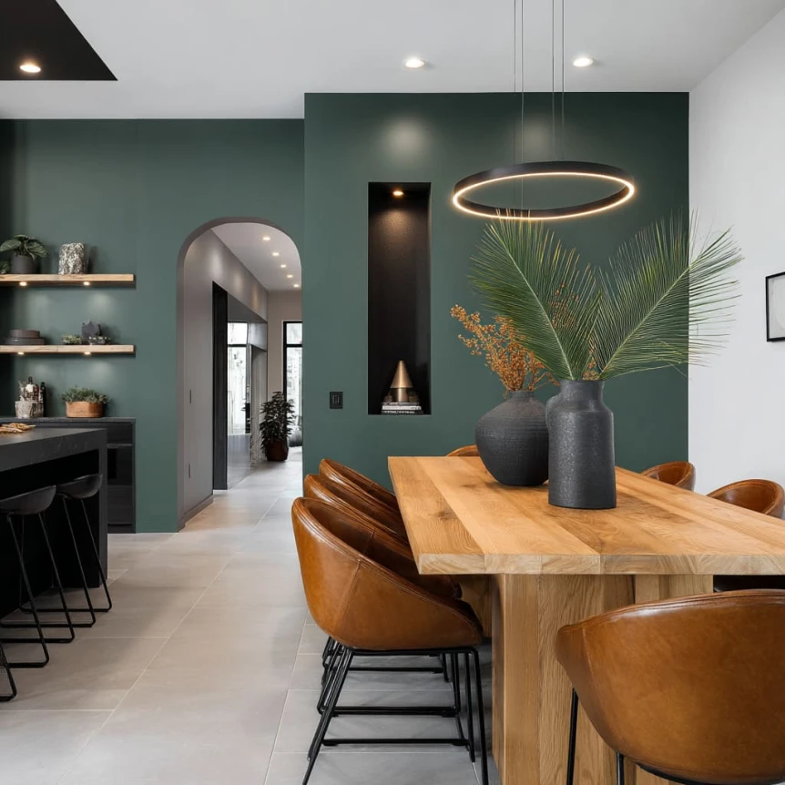 Matte Forest Green Feature Wall with Mid Tone Wood Table and Cognac Leather Seating