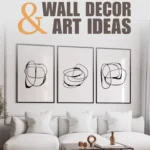 Modern living room with abstract line art triptych above neutral sofa and contemporary coffee table decor