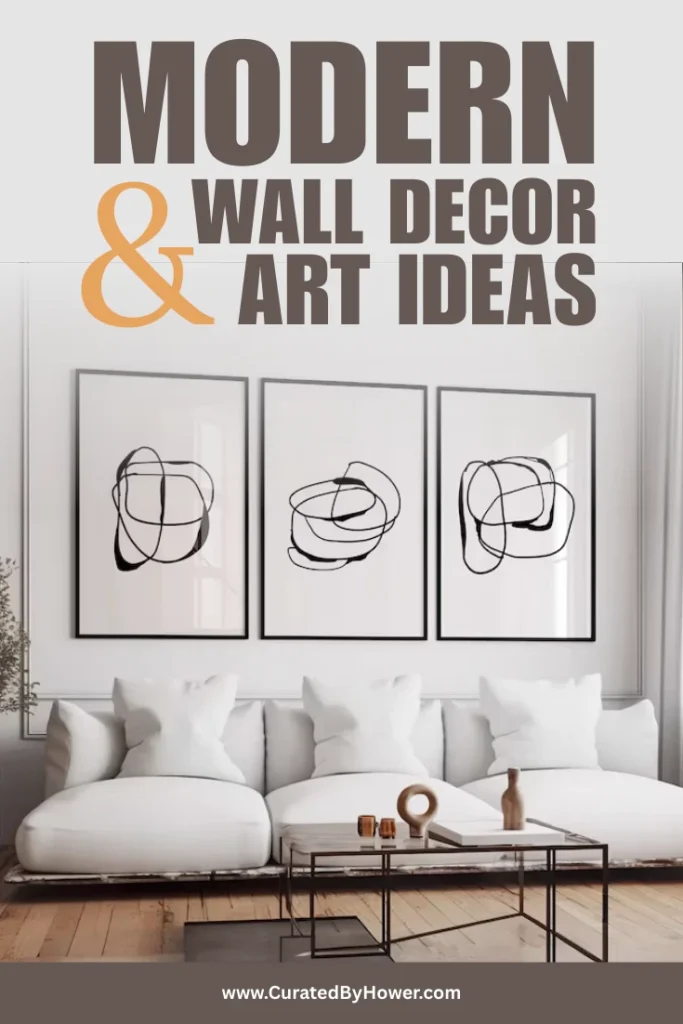 Modern living room with abstract line art triptych above neutral sofa and contemporary coffee table decor