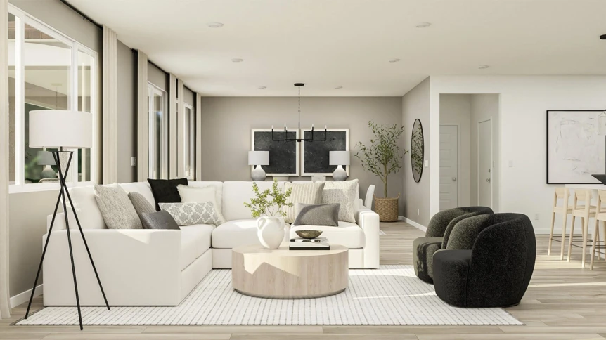 Modern minimalist living room with white sofas neutral color palette and natural light from large windows
