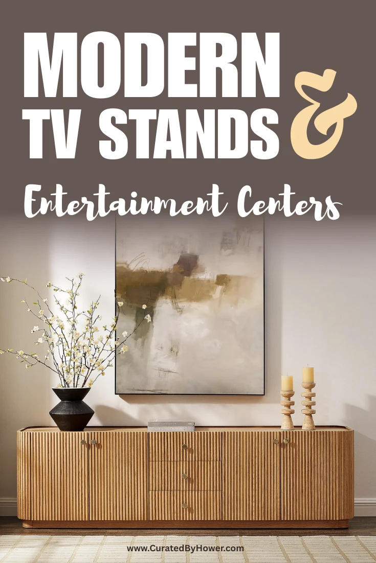 Modern TV stand with entertainment center in contemporary living room with decorative vases and abstract art