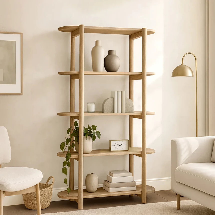 Modern wooden bookshelf with decorative vases and plants in minimalist living room with white furniture