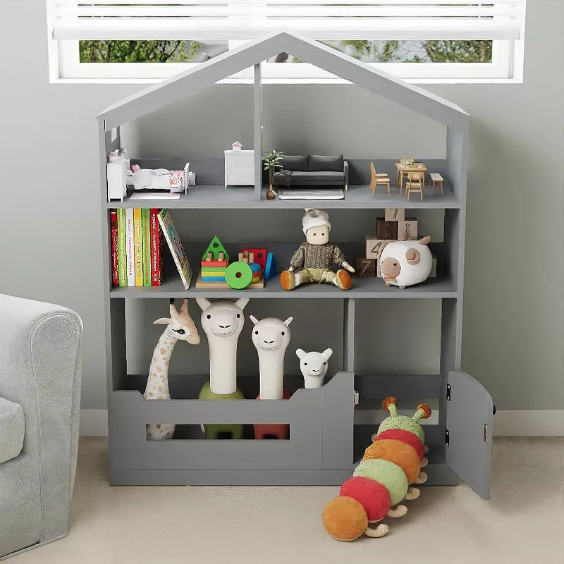 Gray house-shaped bookshelf with toys and books on display shelves in modern kids bedroom