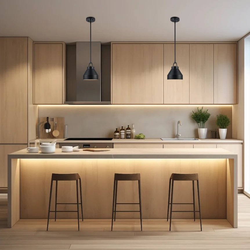 kitchen island with two black pendant lights and under-cabinet LED strip lighting illuminating the countertop