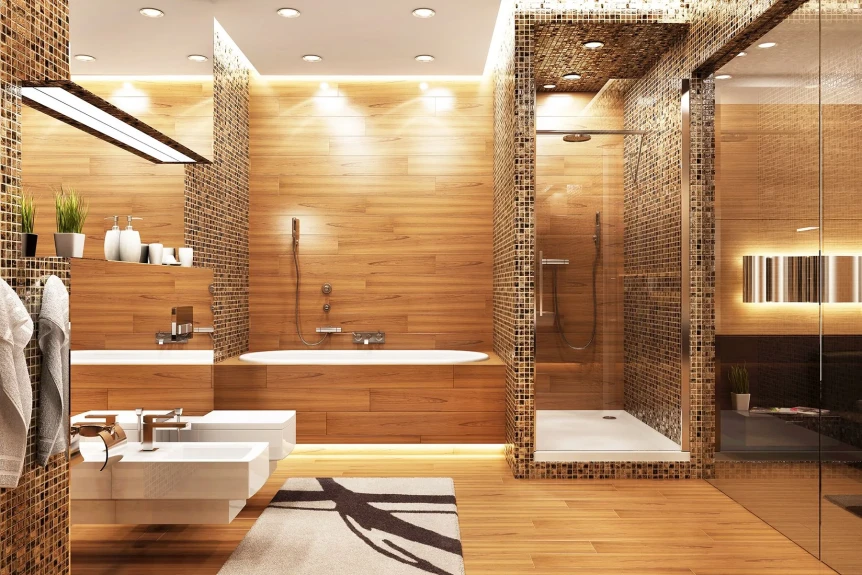 Luxury modern bathroom with wood-look tiles, mosaic accent walls, floating vanity, soaking tub, and glass shower enclosure