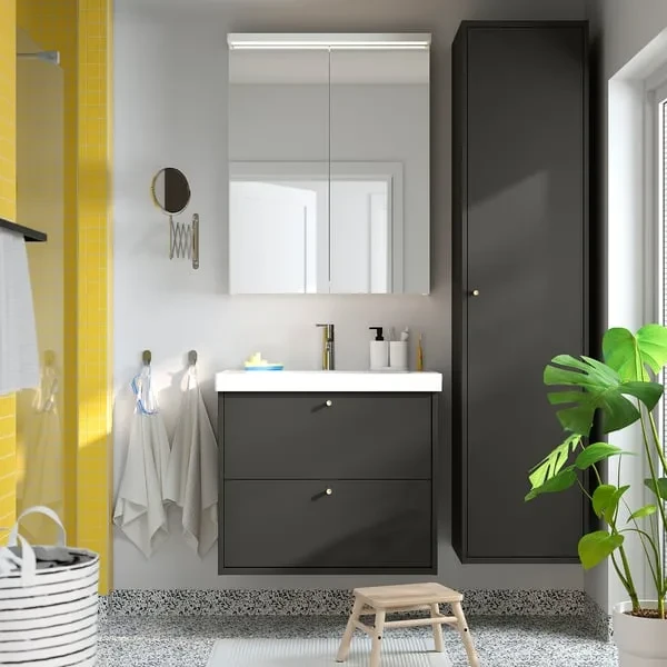 Modern bathroom vanity with dark gray cabinets, white sink, mirror, and tall storage cabinet with green plant
