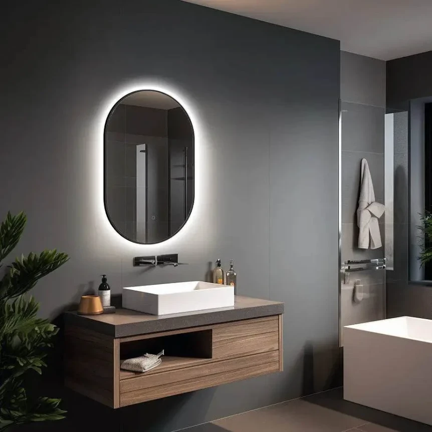 Modern bathroom vanity with backlit oval mirror, floating wood cabinet, vessel sink, and gray walls