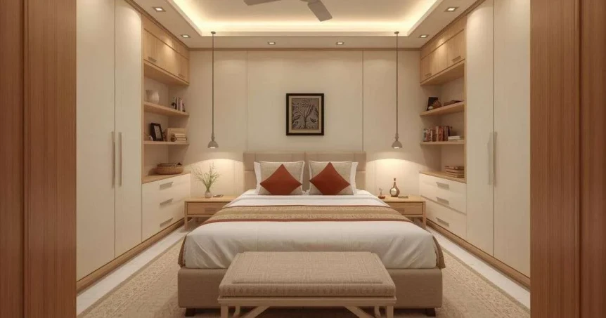 Modern small bedroom with built-in wardrobes, floating shelves, and warm wood accents maximizing storage space
