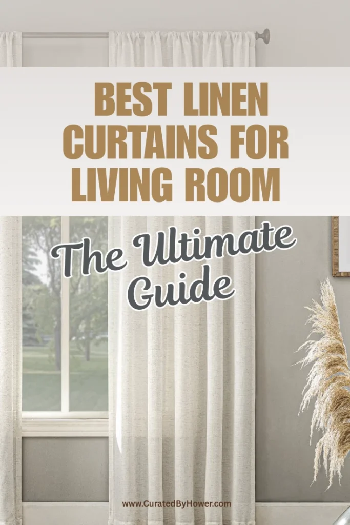White linen curtains hanging in bright living room with natural light and neutral decor