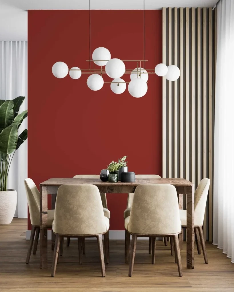 dining room with deep rose wall color