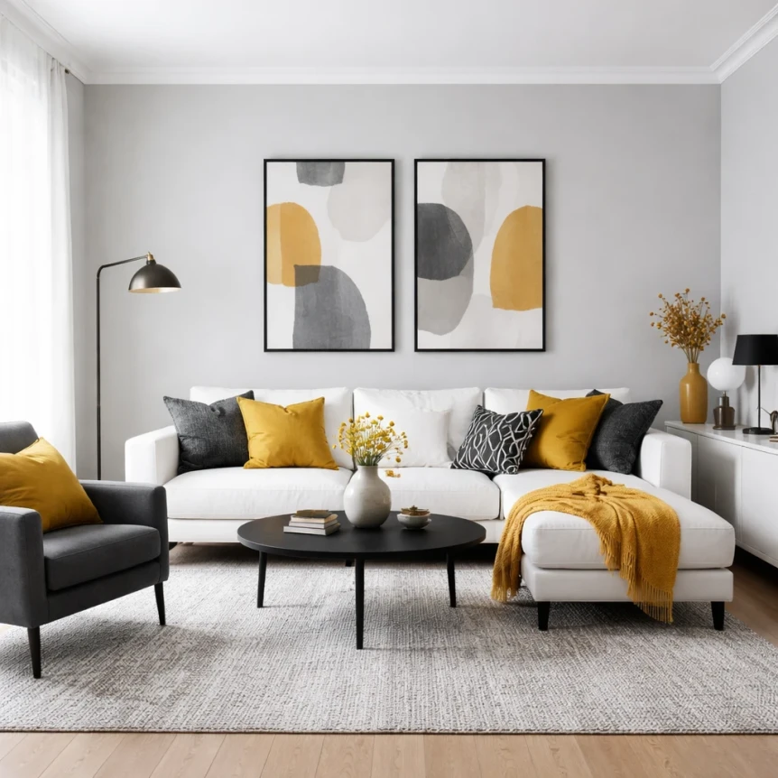 Soft gray walls white furniture charcoal mustard accent color 1