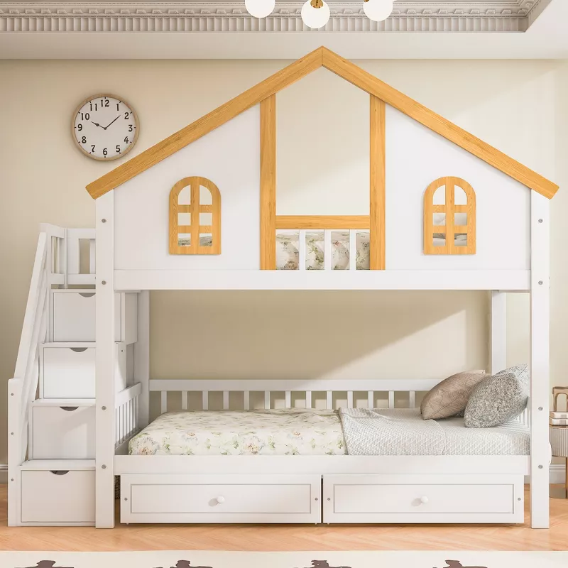 White house-shaped bunk bed with stairs and storage drawers in bright kids bedroom with decorative windows