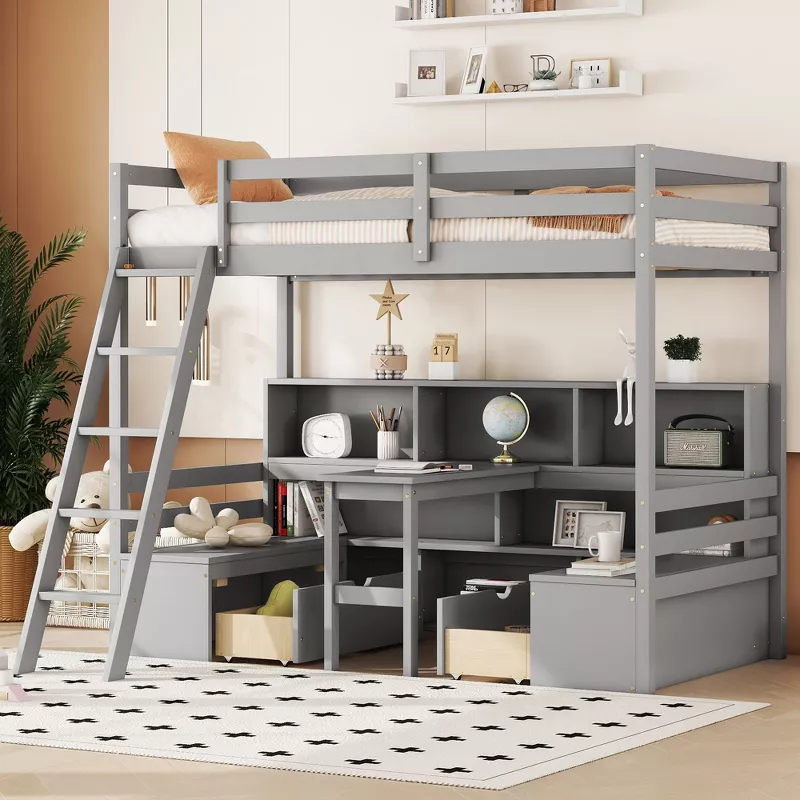 Gray loft bed with built-in desk, shelving, and storage stairs for space-saving kids bedroom furniture