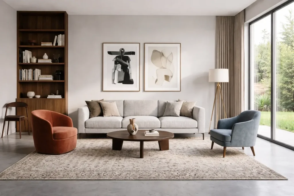Modern living room with neutral color palette and clean furniture