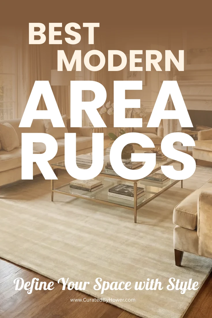 Modern area rug in neutral tones beneath minimalist coffee table in contemporary living room with wooden flooring