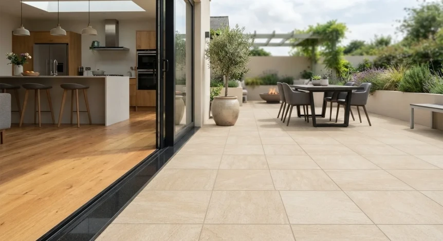 Modern patio with large format tiles connecting indoor kitchen to outdoor dining area with glass doors