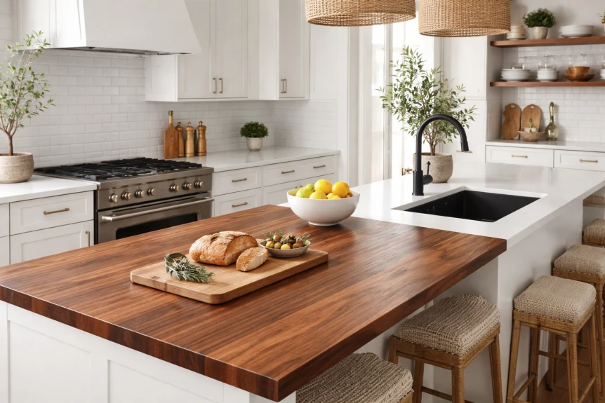 White kitchen with wooden butcher block countertop island and white quartz perimeter counters