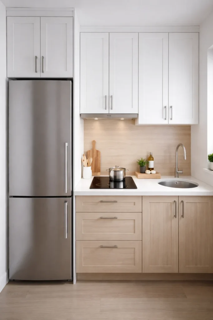 Modern small kitchen with white and wood cabinets, stainless steel appliances, and light backsplash maximizing space