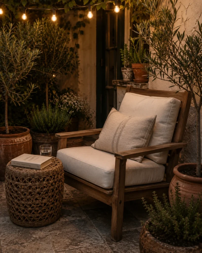 Cozy patio lounge chair with cushions beside woven side table and potted plants illuminated by warm evening lights