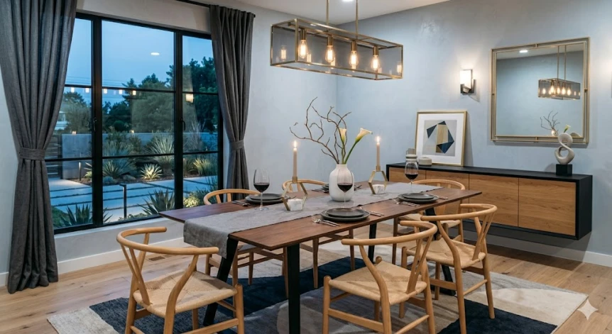 dining room with gray and blue undertone walls, wood table, and candlelight creating an evening atmosphere)