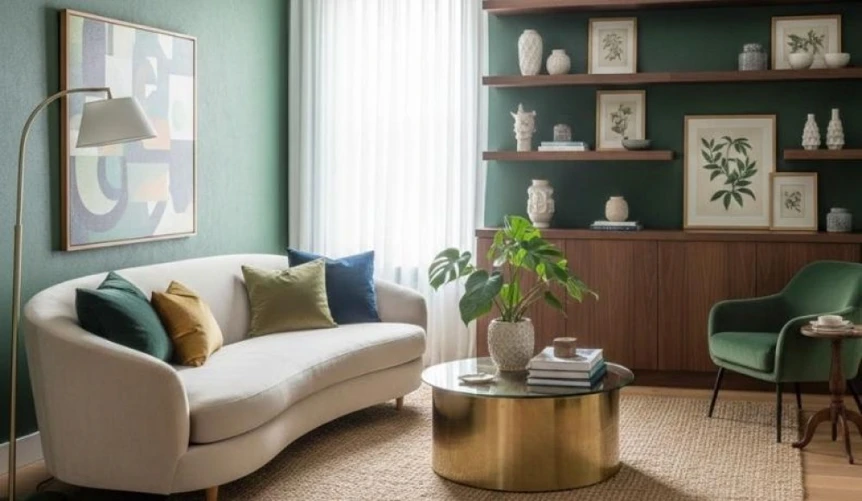 Modern living room with curved beige sofa, green walls, built-in shelving, and gold coffee table