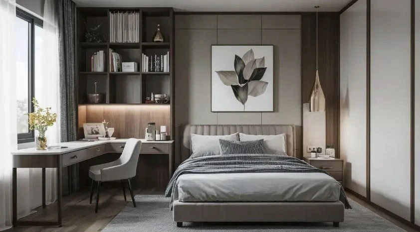 Modern bedroom with gray color scheme, built-in shelving, desk workspace, and minimalist decor