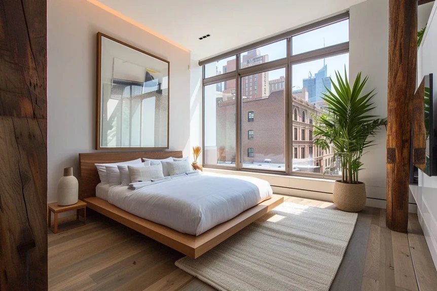 Modern minimalist bedroom with wooden platform bed, exposed beams, large windows, and natural light