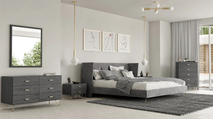 Modern gray bedroom with platform bed, matching furniture, white walls, and minimalist decor