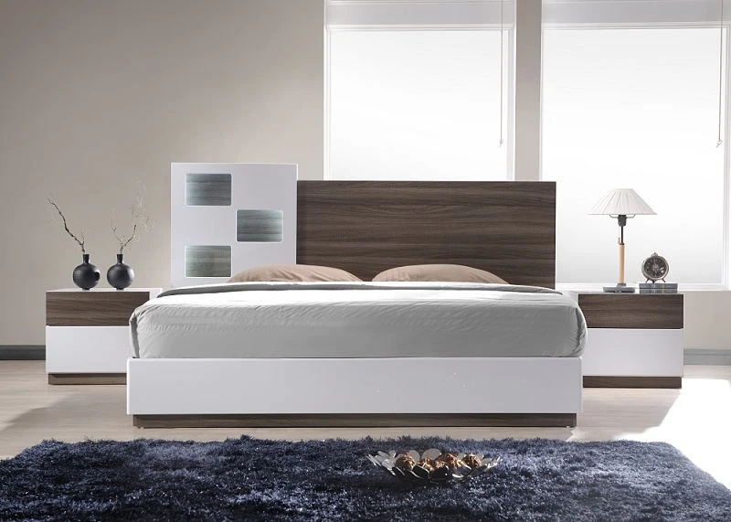 Modern platform bed with wood headboard, white nightstands, and contemporary minimalist bedroom design