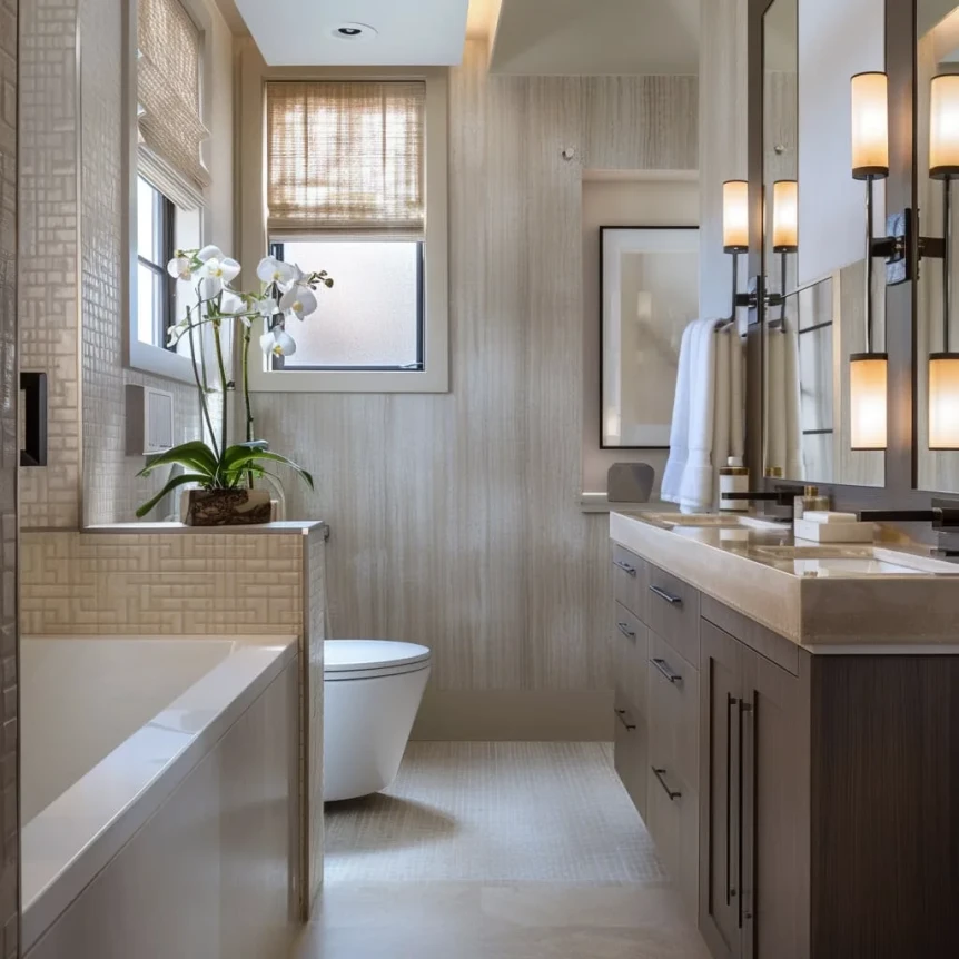 Modern bathroom with beige tile, floating vanity, soaking tub, and natural light from Roman shade window