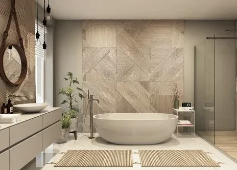 Modern spa-like bathroom with freestanding white tub, natural wood accents, and minimalist floating vanity design