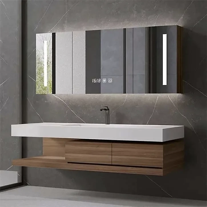 Modern floating vanity with white sink, wood drawers, and LED mirror in contemporary bathroom with gray marble walls