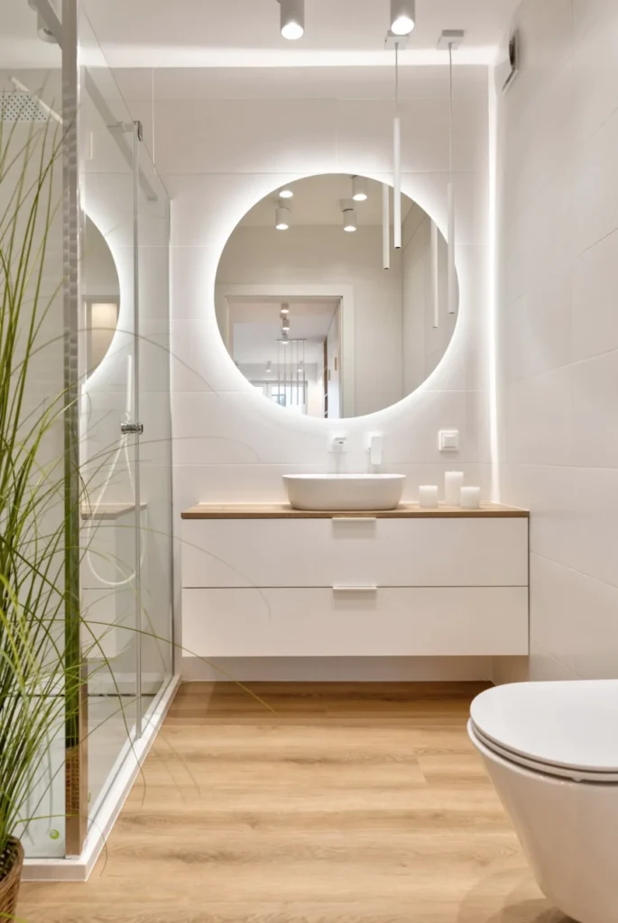 Modern white bathroom with backlit round mirror, floating vanity, vessel sink, and wood accents