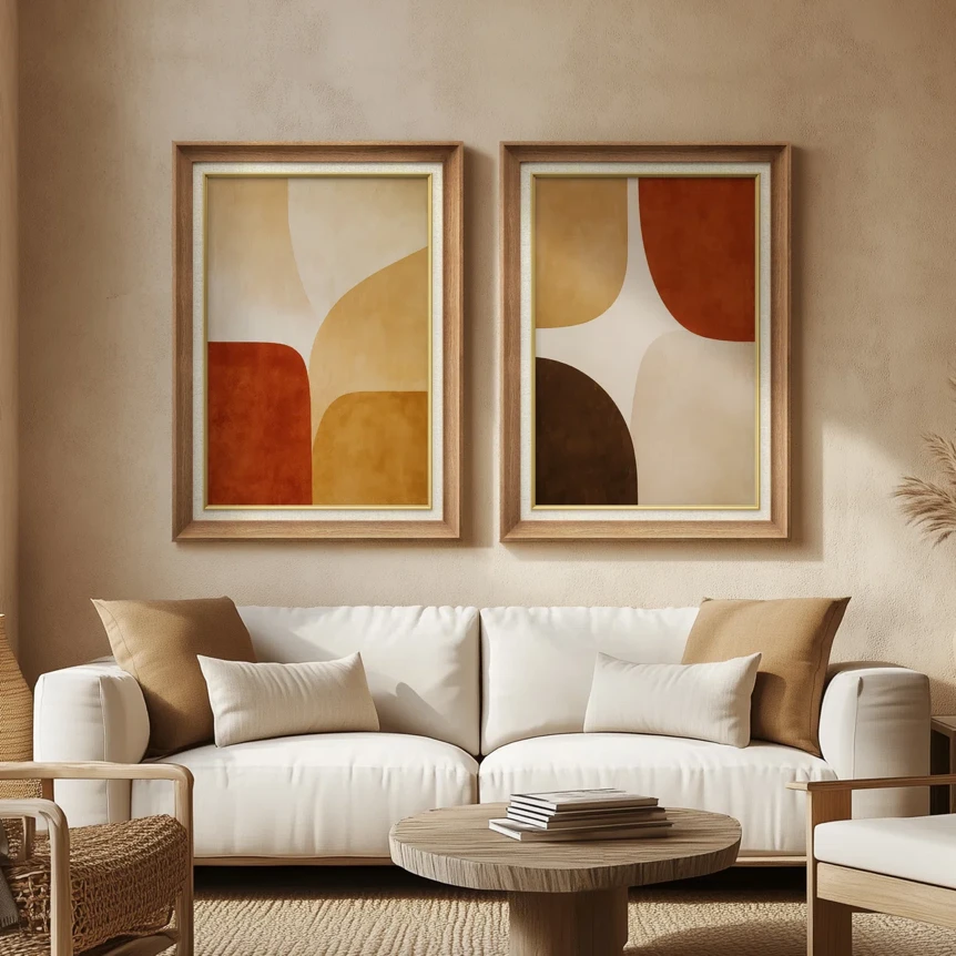 Modern living room with beige sofa, geometric abstract art, and warm neutral color palette