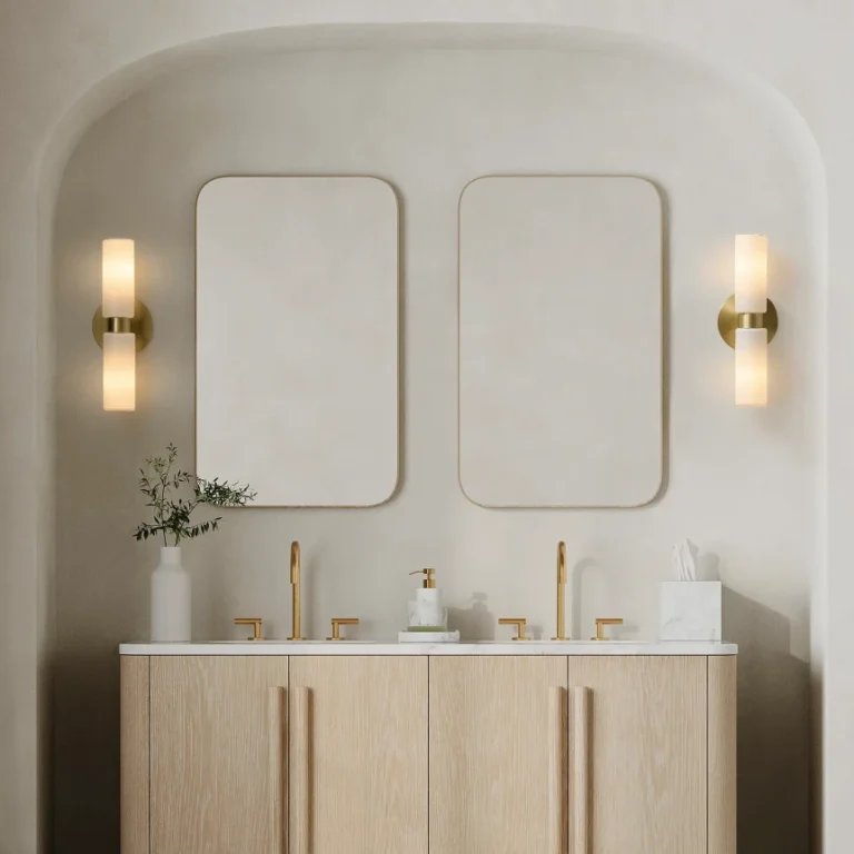 Modern double vanity bathroom with gold-framed mirrors, brass wall sconces, and light wood cabinetry in arched alcove