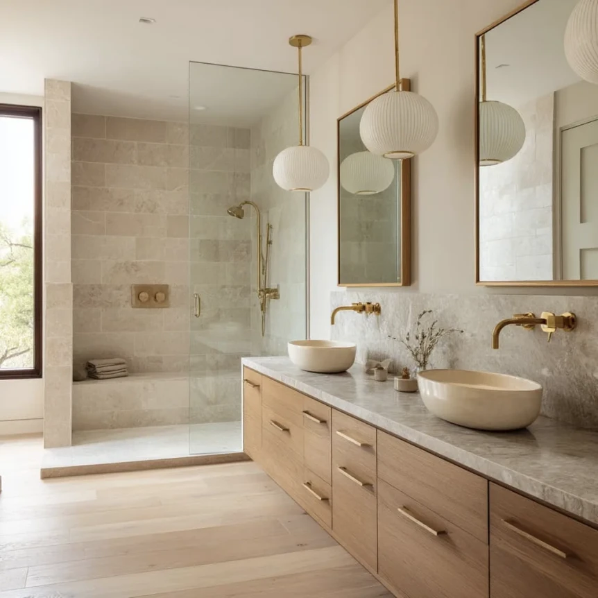 Modern bathroom with beige stone tiles, floating wood vanity, vessel sinks, brass fixtures, and glass shower enclosure