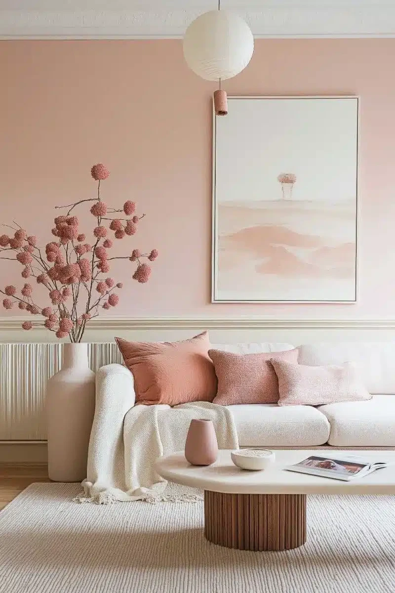 Modern blush pink and cream living room with abstract wall art, velvet pillows, and minimalist decor
