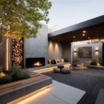 Modern outdoor patio with built-in fireplace, ambient lighting, contemporary furniture, and stacked firewood display