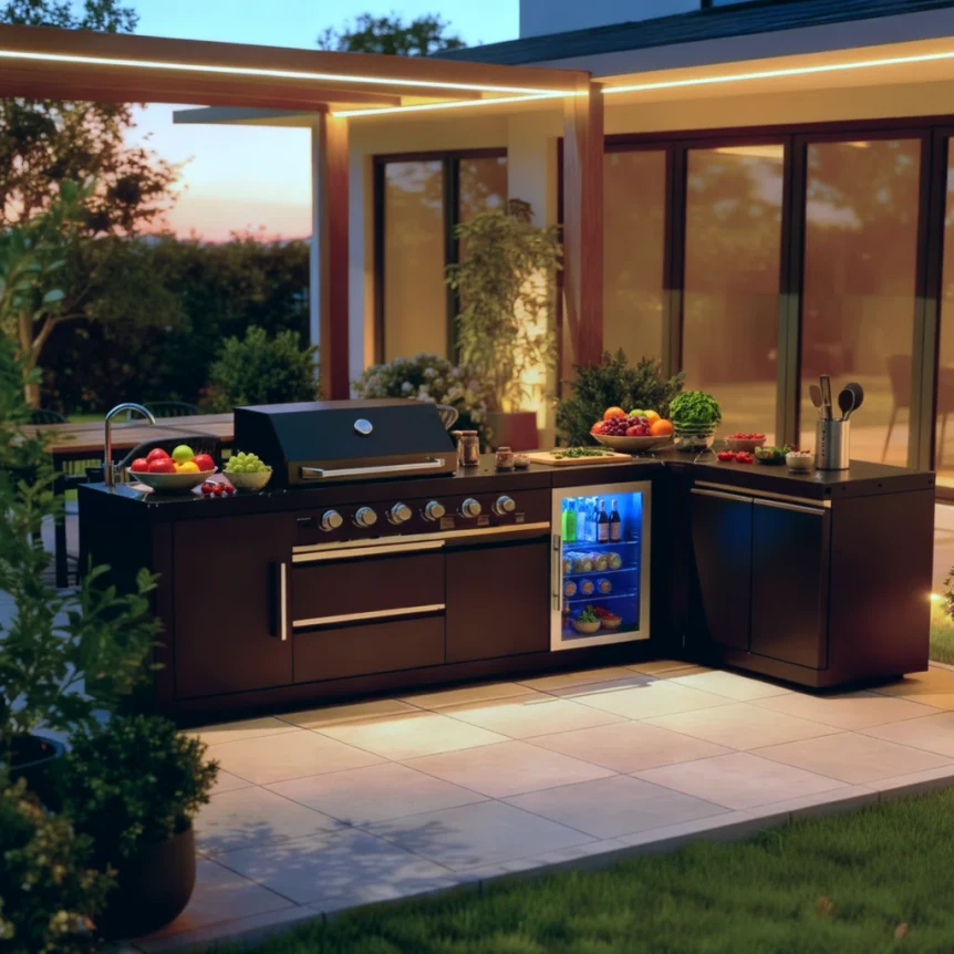 Luxury outdoor kitchen with black cabinetry, built-in grill, beverage fridge, and modern patio design at dusk