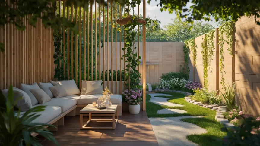 Modern patio with wooden pergola, sectional sofa, stepping stone path, and lush garden landscaping